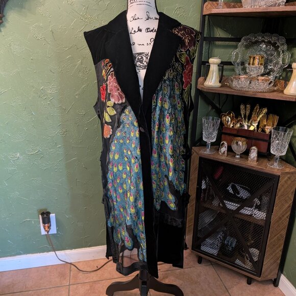 Aris A Burnout Velvet Beaded Peacock/Floral Sleeveless Duster LARGE NWOT - Picture 2 of 8